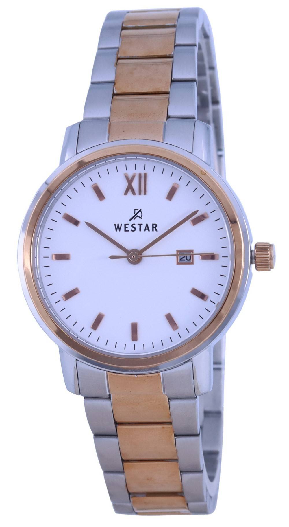 Westar White Dial Two Tone Stainless Steel Quartz 40245 SPN. A brand-new Westar watch featuring a White dial and a Stainless steel strap. Side view.