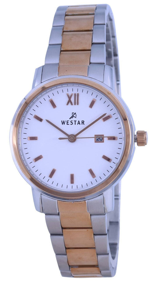 Westar White Dial Two Tone Stainless Steel Quartz 40245 SPN. A brand-new Westar watch featuring a White dial and a Stainless steel strap. Side view.