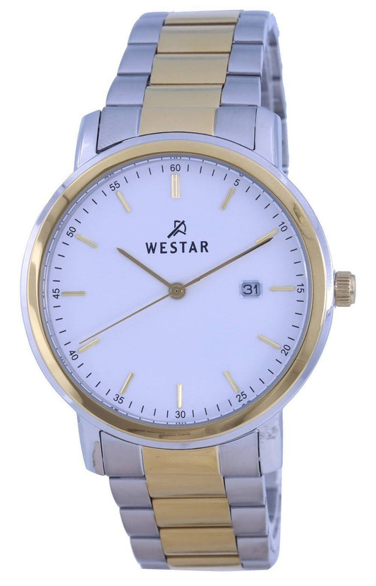 Westar White Dial Two Tone Stainless Steel Quartz 50243 CBN. A brand-new Westar watch featuring a White dial and a Stainless steel strap. Side view.