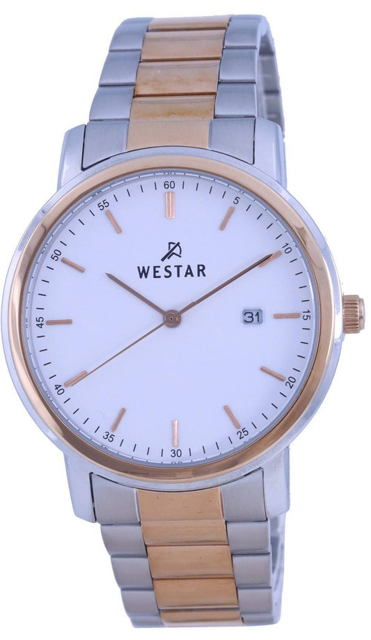 Westar White Dial Two Tone Stainless Steel Quartz 50243 SPN. A brand-new Westar watch featuring a White dial and a Stainless steel strap. Angled view.