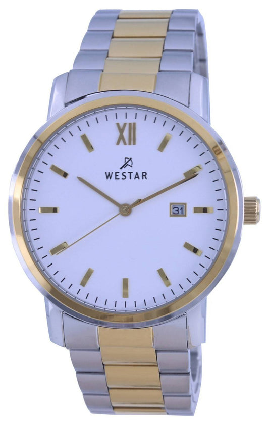 Westar White Dial Two Tone Stainless Steel Quartz 50245 CBN. A brand-new Westar watch featuring a White dial and a Stainless steel strap. Front view.