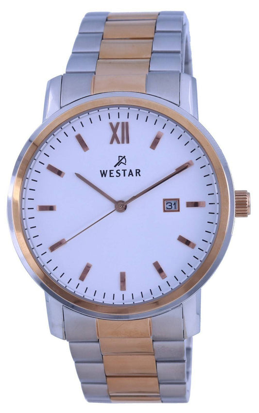Westar White Dial Two Tone Stainless Steel Quartz 50245 SPN. A brand-new Westar watch featuring a White dial and a Stainless steel strap. Side view.