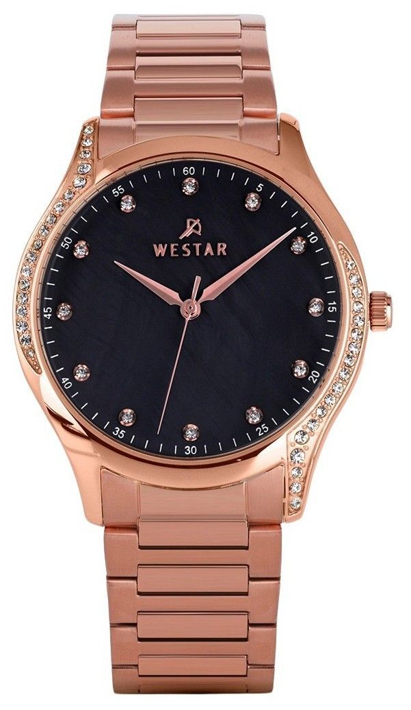 Westar Zing Crystal Accents Rose Gold Tone Stainless Steel. A brand-new Westar Zing watch featuring a Mother Of Pearl dial and a Stainless steel strap. Side view.