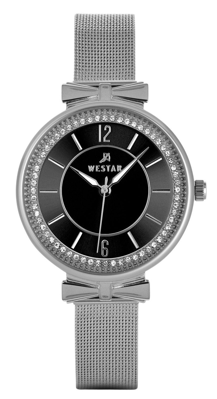 Westar Zing Crystal Accents Stainless Steel Mesh Bracelet. A brand-new Westar Zing watch featuring a Black dial and a Stainless steel strap. Side view.