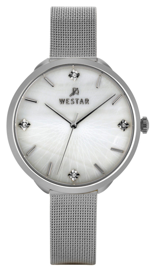 Westar Zing Crystal Accents Stainless Steel Mesh White. A brand-new Westar Zing watch featuring a Mother Of Pearl dial and a Stainless steel strap. Front view.