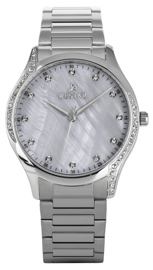 Westar Zing Crystal Accents Stainless Steel White Mother Of. A brand-new Westar Zing watch featuring a Mother Of Pearl dial and a Stainless steel strap. Angled view.