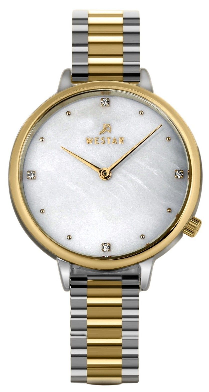 Westar Zing Crystal Accents Two Tone Stainless Steel White. A brand-new Westar Zing watch featuring a Mother Of Pearl dial and a Stainless steel strap. Front view.