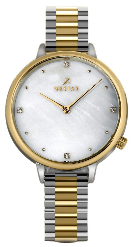 Westar Zing Crystal Accents Two Tone Stainless Steel White. A brand-new Westar Zing watch featuring a Mother Of Pearl dial and a Stainless steel strap. Front view.