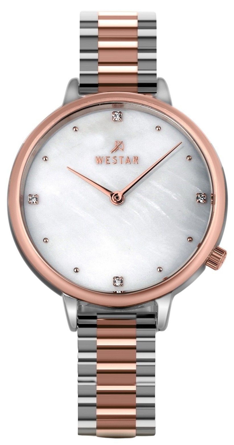 Westar Zing Crystal Accents Two Tone Stainless Steel White. A brand-new Westar Zing watch featuring a Mother Of Pearl dial and a Stainless steel strap. Angled view.