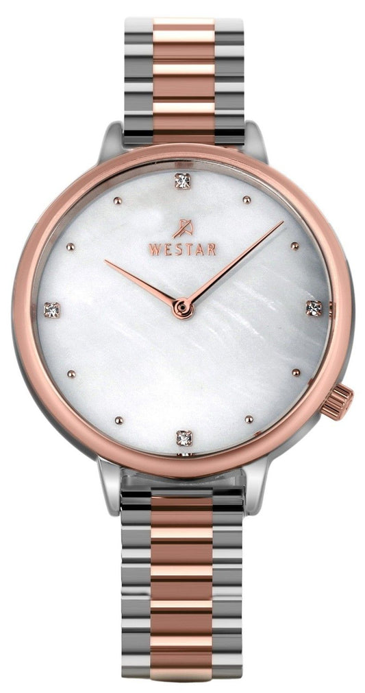 Westar Zing Crystal Accents Two Tone Stainless Steel White. A brand-new Westar Zing watch featuring a Mother Of Pearl dial and a Stainless steel strap. Angled view.