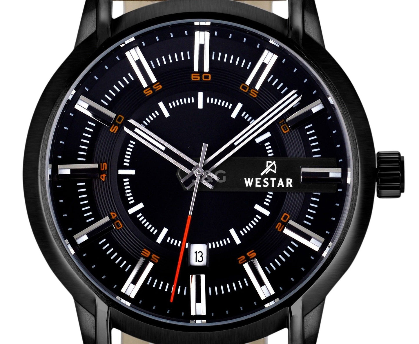 Westar Profile Date display Black Leather Male 50228STN883. A brand-new Westar Profile watch featuring a Black dial and a Leather strap. Angled view. - view 2