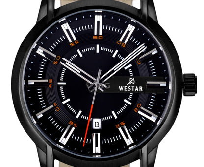 Westar Profile Date display Black Leather Male 50228STN883. A brand-new Westar Profile watch featuring a Black dial and a Leather strap. Angled view. - view 2