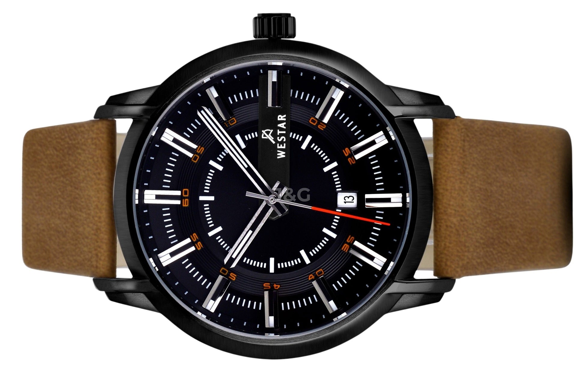 Westar Profile Date display Black Leather Male 50228STN883. A brand-new Westar Profile watch featuring a Black dial and a Leather strap. Angled view. - view 3