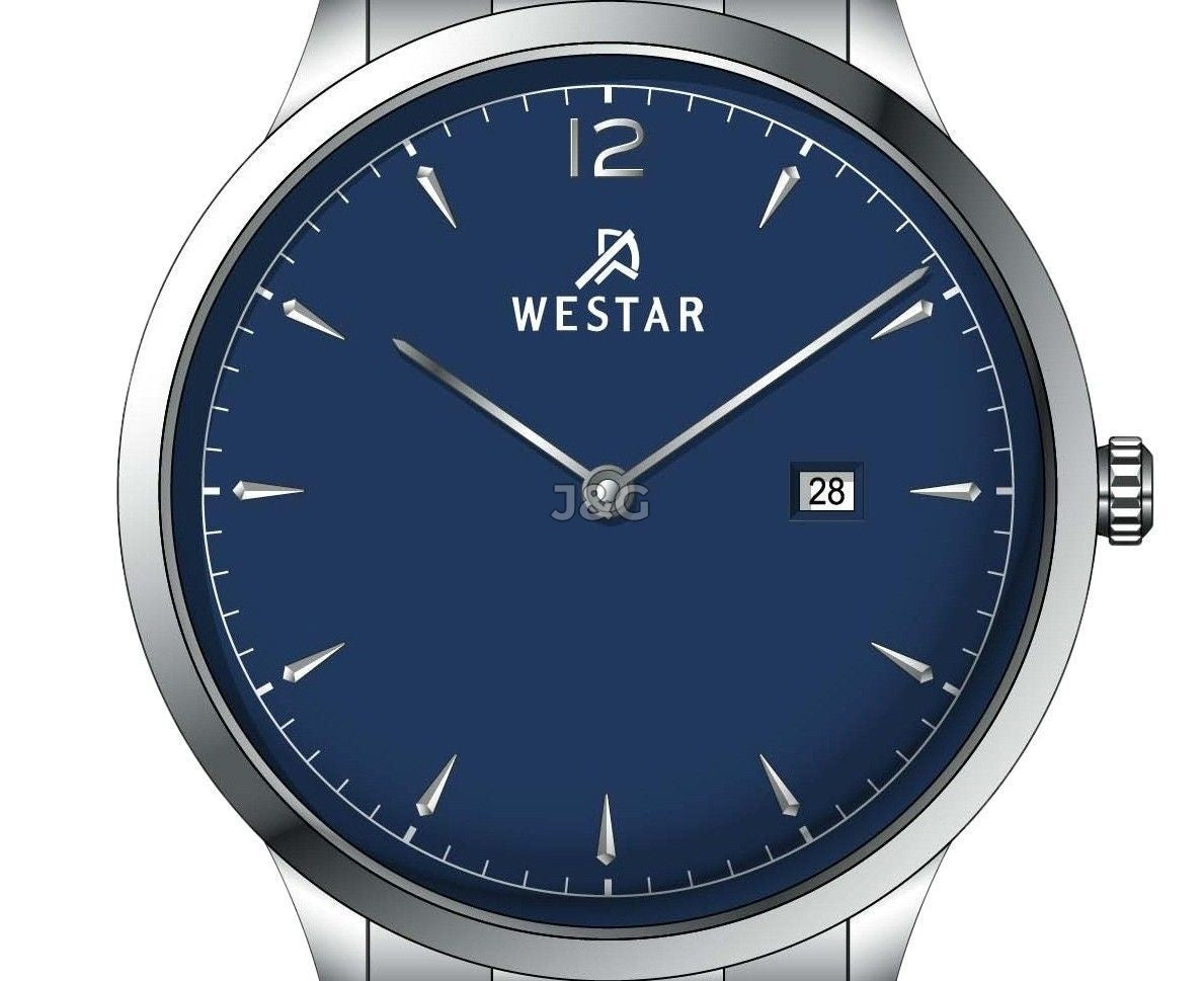 Westar Profile Date display Blue Stainless steel Male 50218STN104. A brand-new Westar Profile watch featuring a Blue dial and a Stainless steel strap. Side view. - view 2