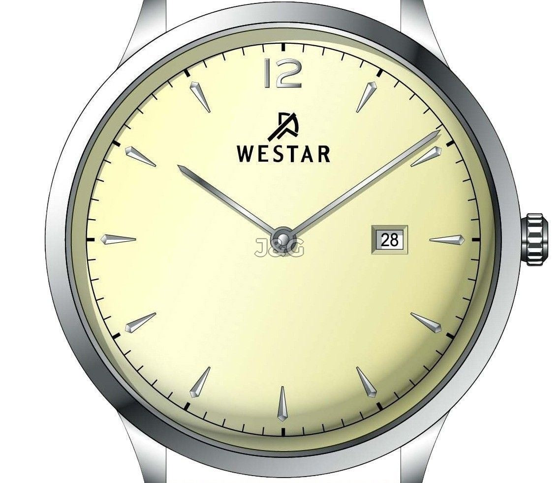 Westar Profile Date display Champagne Leather Male 50217STN182. A brand-new Westar Profile watch featuring a Champagne dial and a Leather strap. Angled view. - view 2