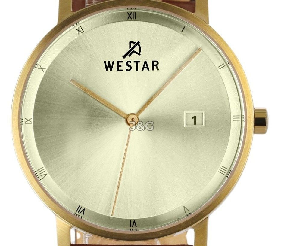 Westar Profile Date display Champagne Leather Male 50221GPN122. A brand-new Westar Profile watch featuring a Champagne dial and a Leather strap. Front view. - view 2