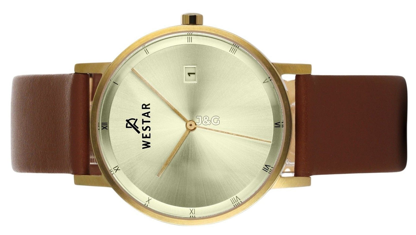 Westar Profile Date display Champagne Leather Male 50221GPN122. A brand-new Westar Profile watch featuring a Champagne dial and a Leather strap. Front view. - view 3