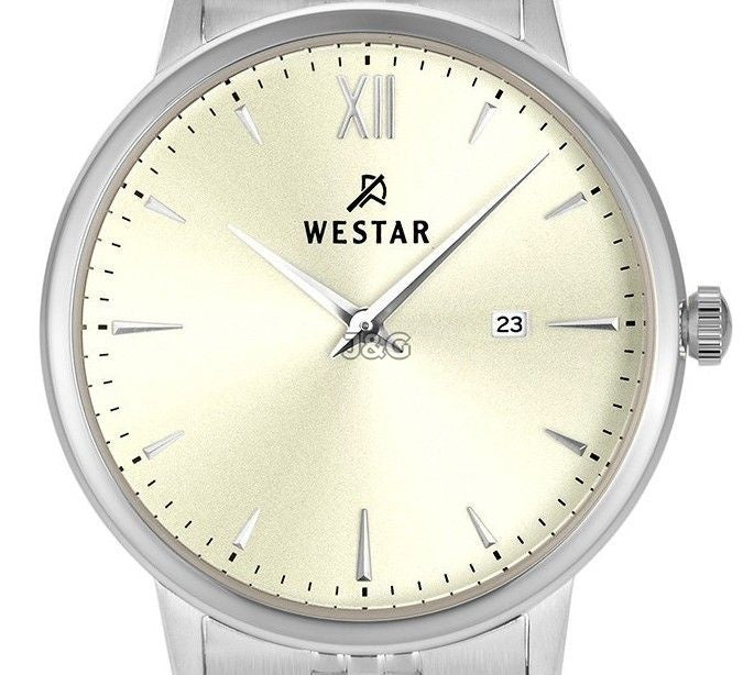 Westar Profile Date display Champagne Stainless steel Female 40215STN102. A brand-new Westar Profile watch featuring a Champagne dial and a Stainless steel strap. Angled view. - view 2