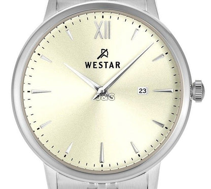 Westar Profile Date display Champagne Stainless steel Female 40215STN102. A brand-new Westar Profile watch featuring a Champagne dial and a Stainless steel strap. Angled view. - view 2