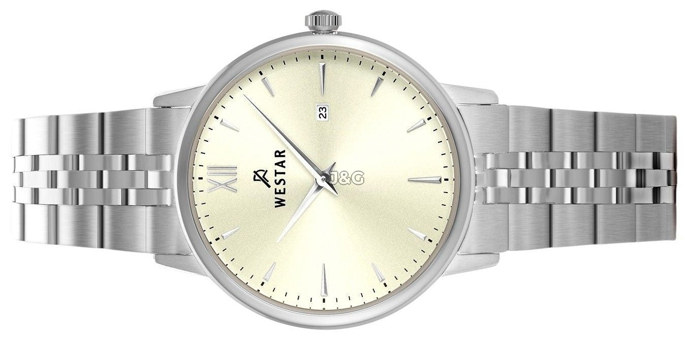 Westar Profile Date display Champagne Stainless steel Female 40215STN102. A brand-new Westar Profile watch featuring a Champagne dial and a Stainless steel strap. Angled view. - view 3