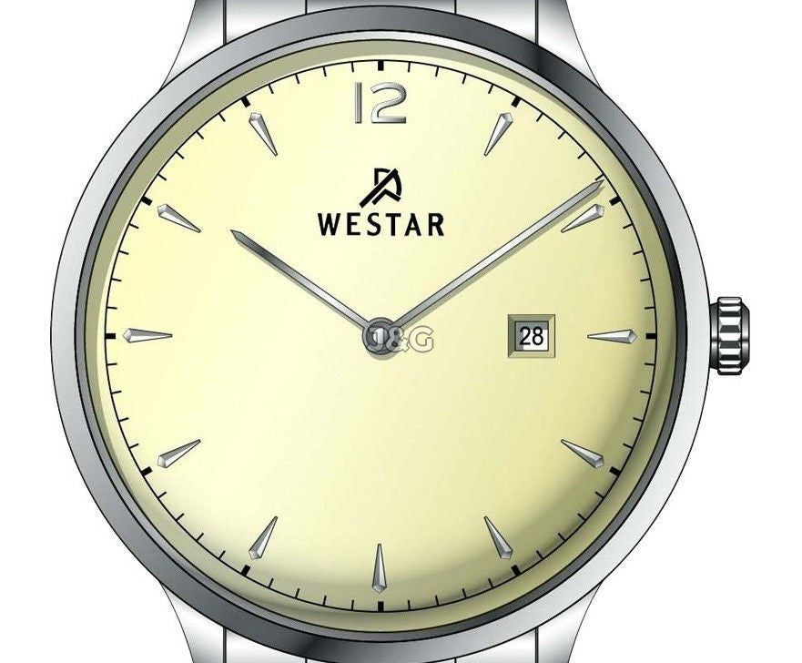 Westar Profile Date display Champagne Stainless steel Female 40218STN102. A brand-new Westar Profile watch featuring a Champagne dial and a Stainless steel strap. Angled view. - view 2