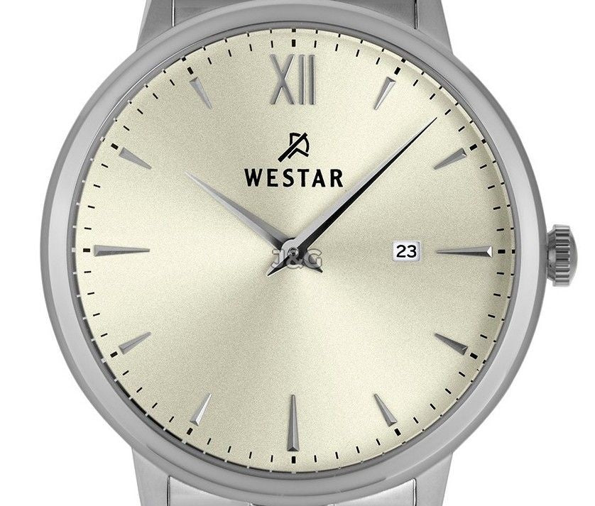 Westar Profile Date display Champagne Stainless steel Male 50215STN102. A brand-new Westar Profile watch featuring a Champagne dial and a Stainless steel strap. Front view. - view 2