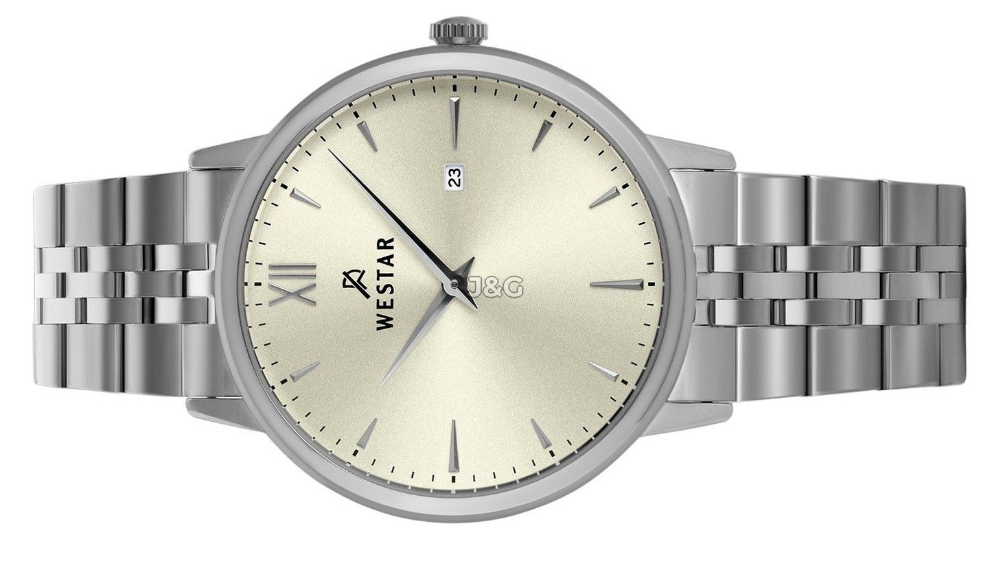 Westar Profile Date display Champagne Stainless steel Male 50215STN102. A brand-new Westar Profile watch featuring a Champagne dial and a Stainless steel strap. Front view. - view 3
