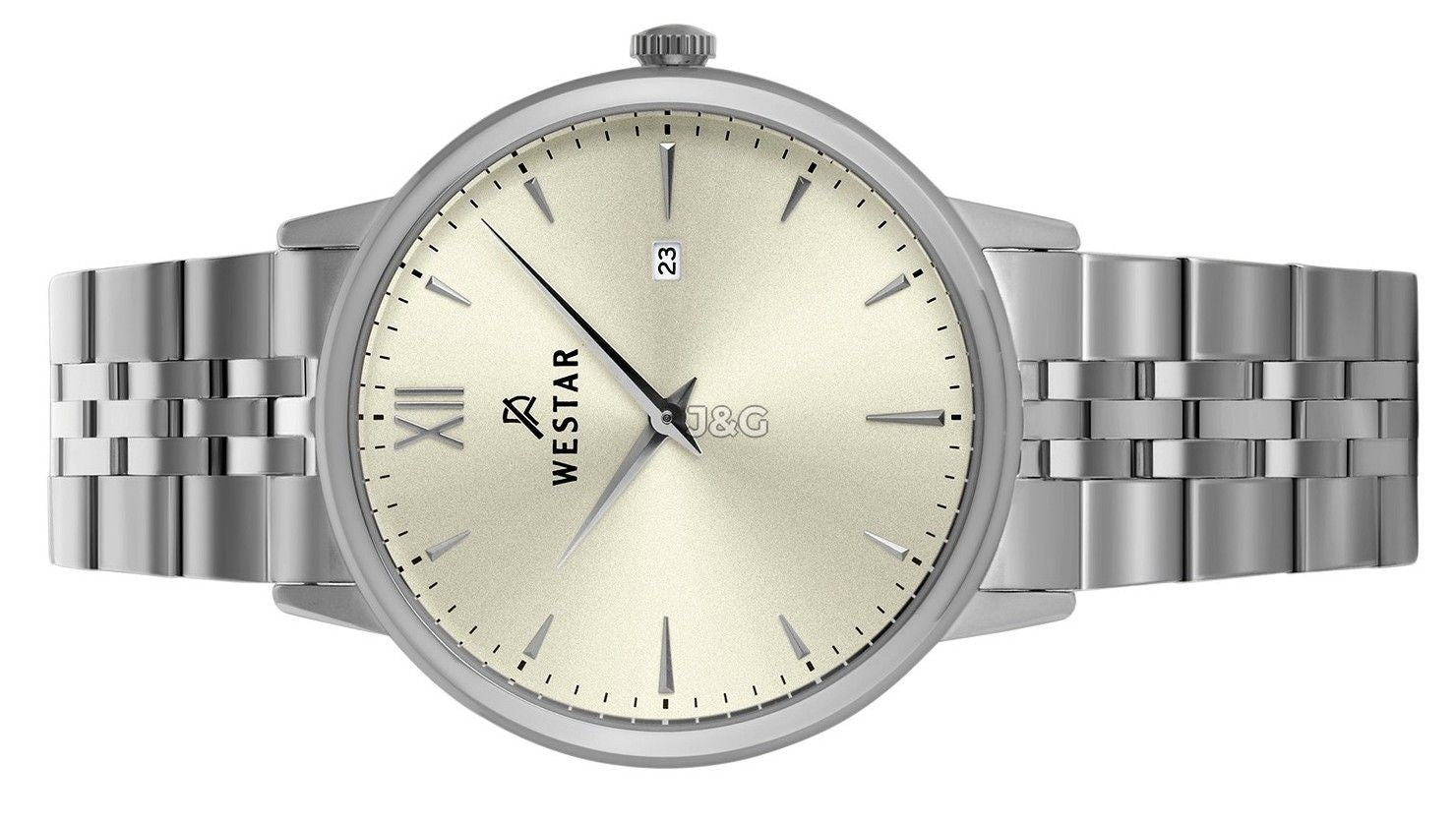 Westar Profile Date display Champagne Stainless steel Male 50215STN102. A brand-new Westar Profile watch featuring a Champagne dial and a Stainless steel strap. Front view. - view 3