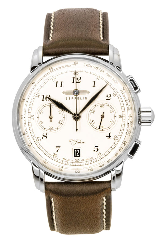 Zeppelin 100 Jahre Chronograph Leather Strap Beige Dial. A brand-new Zeppelin 100 Jahre watch featuring a Beige dial and a Leather strap. Side view.