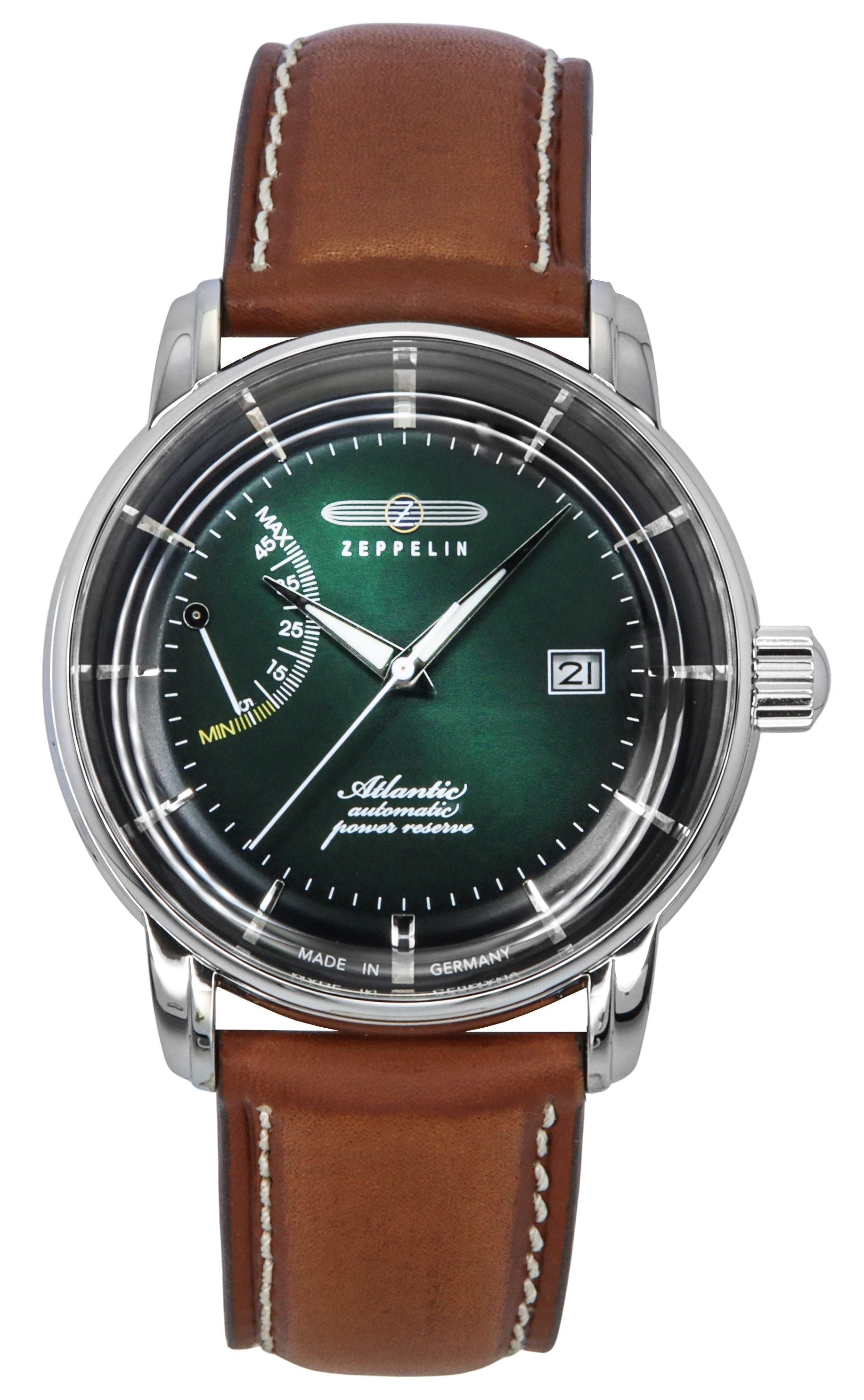 Zeppelin Atlantic Leather Strap Dark Green Dial Automatic. A brand-new Zeppelin Atlantic watch featuring a Dark Green dial and a Leather strap. Angled view.