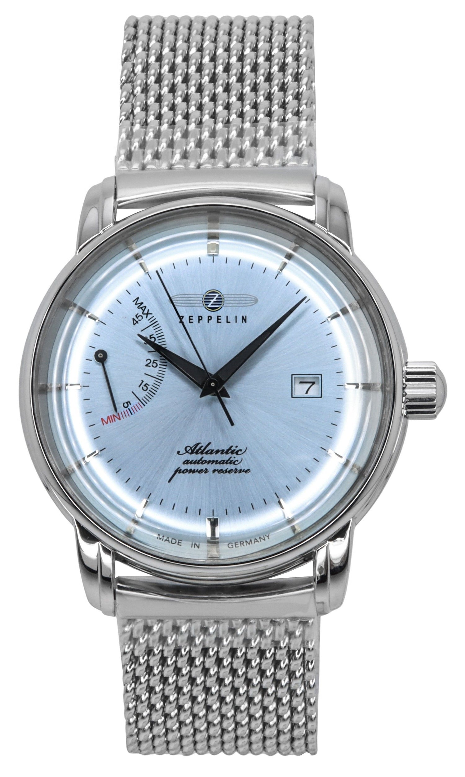 Zeppelin Atlantic Stainless Steel Ice Blue Dial Automatic. A brand-new Zeppelin Atlantic watch featuring a Blue dial and a Stainless steel strap. Front view.