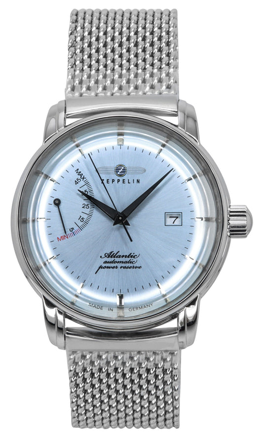 Zeppelin Atlantic Stainless Steel Ice Blue Dial Automatic. A brand-new Zeppelin Atlantic watch featuring a Blue dial and a Stainless steel strap. Front view.