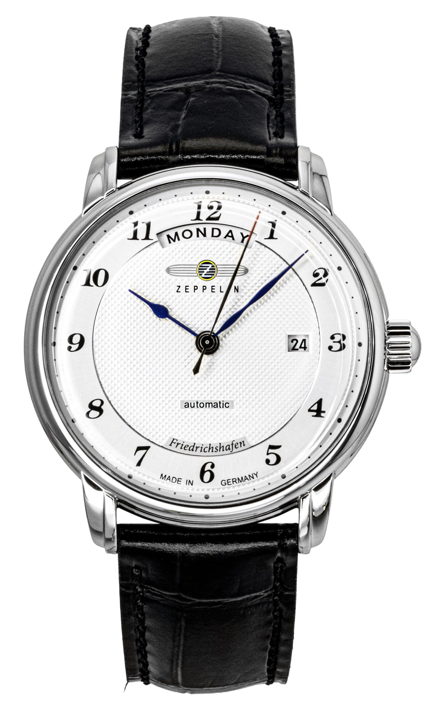 Zeppelin Friedrichshafen Black Leather Strap Silver Dial. A brand-new Zeppelin Friedrichshafen watch featuring a Silver dial and a Leather strap. Side view.