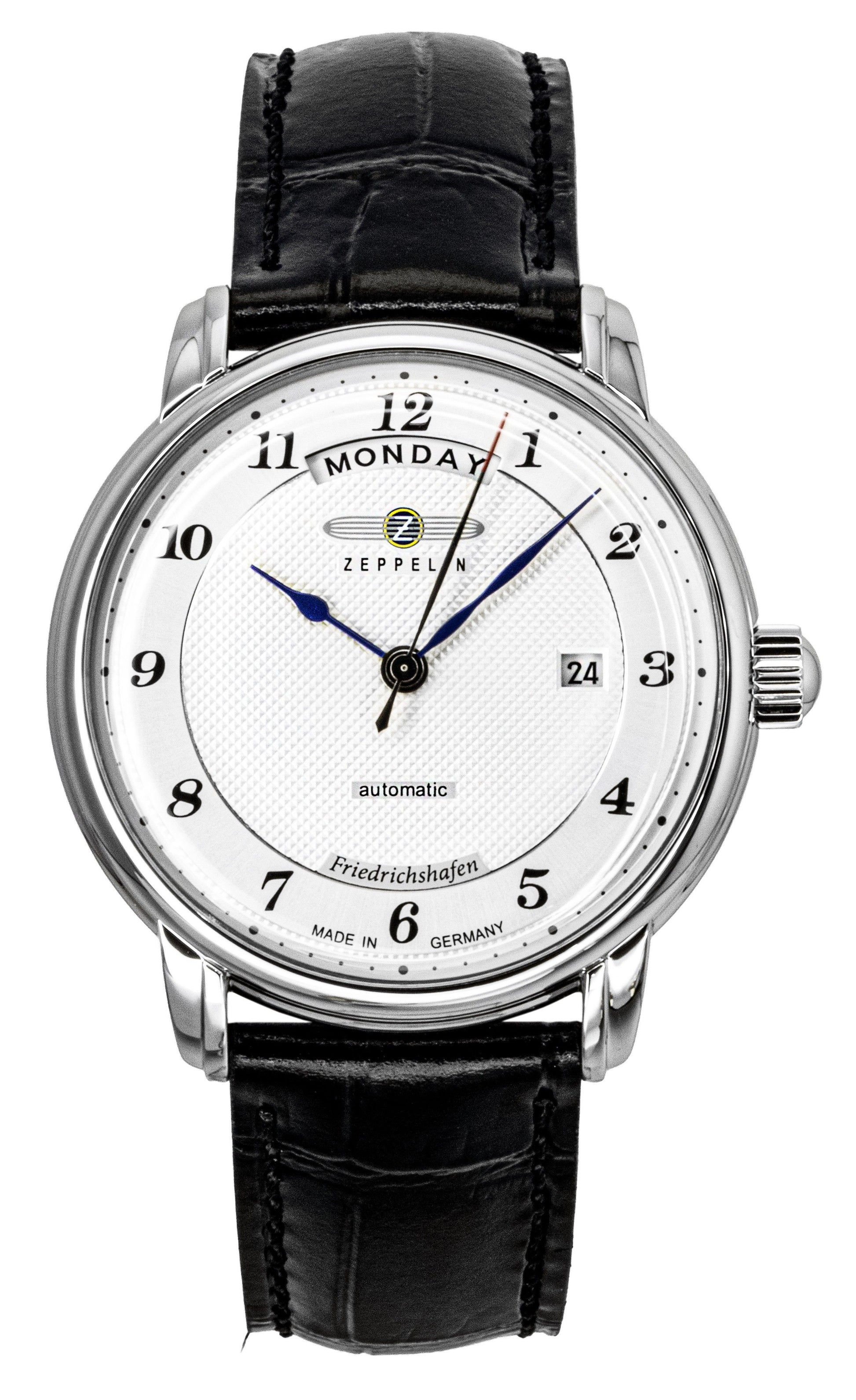 Zeppelin Friedrichshafen Black Leather Strap Silver Dial. A brand-new Zeppelin Friedrichshafen watch featuring a Silver dial and a Leather strap. Side view.