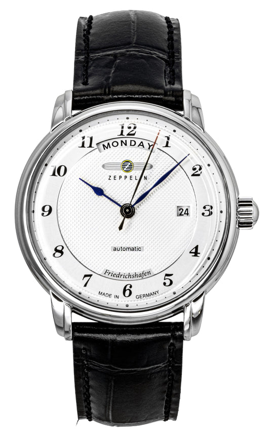 Zeppelin Friedrichshafen Black Leather Strap Silver Dial. A brand-new Zeppelin Friedrichshafen watch featuring a Silver dial and a Leather strap. Side view.