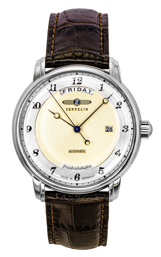 Zeppelin Friedrichshafen Brown Leather Strap Gold Dial. A brand-new Zeppelin Friedrichshafen watch featuring a Gold dial and a Leather strap. Side view.