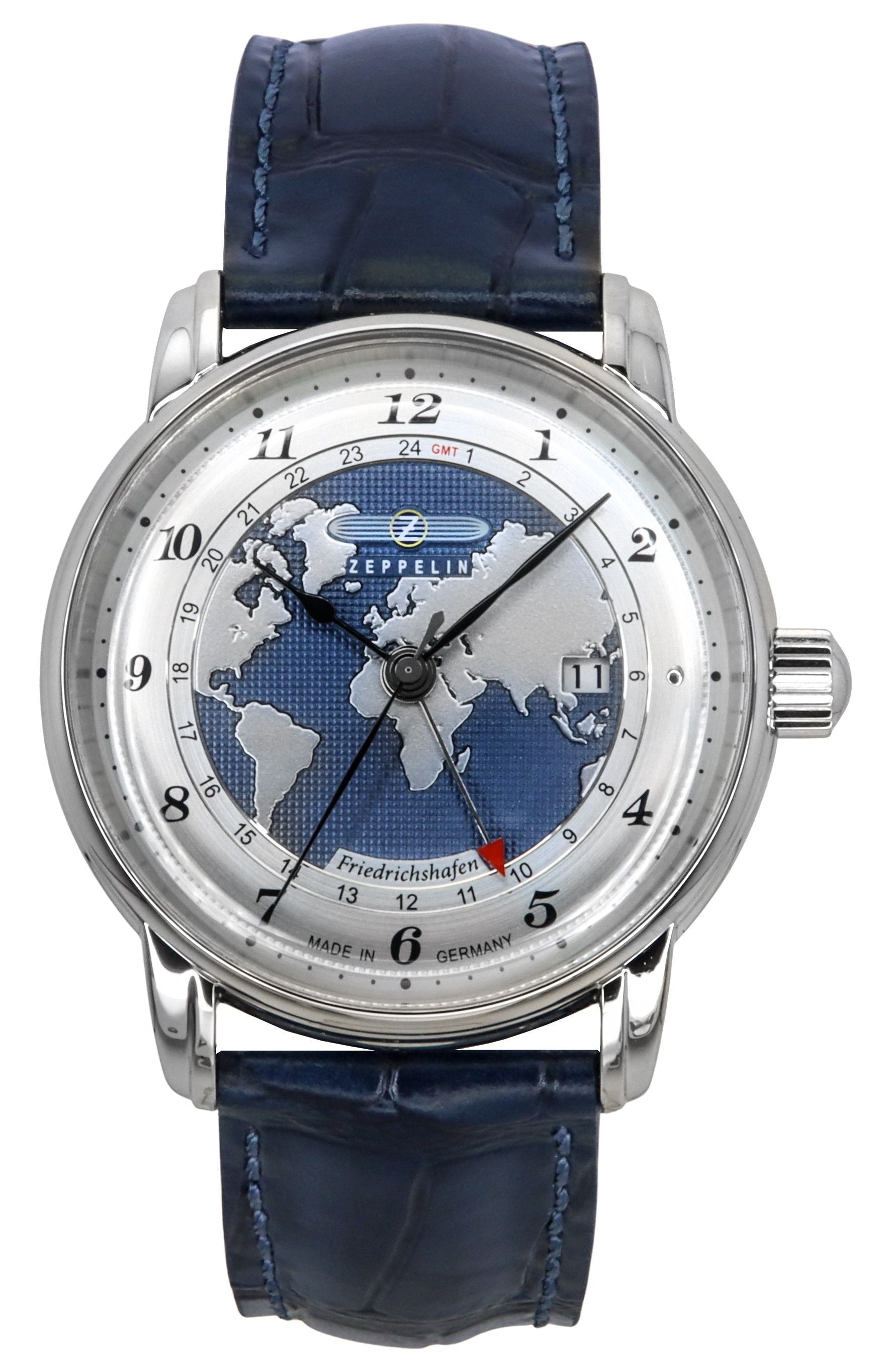 Zeppelin Friedrichshafen GMT Leather Strap Blue Dial. A brand-new Zeppelin Friedrichshafen watch featuring a Blue dial and a Leather strap. Front view.