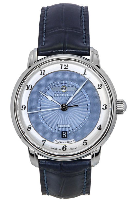 Zeppelin Friedrichshafen Leather Strap Blue Dial Automatic. A brand-new Zeppelin Friedrichshafen watch featuring a Blue dial and a Leather strap. Side view.