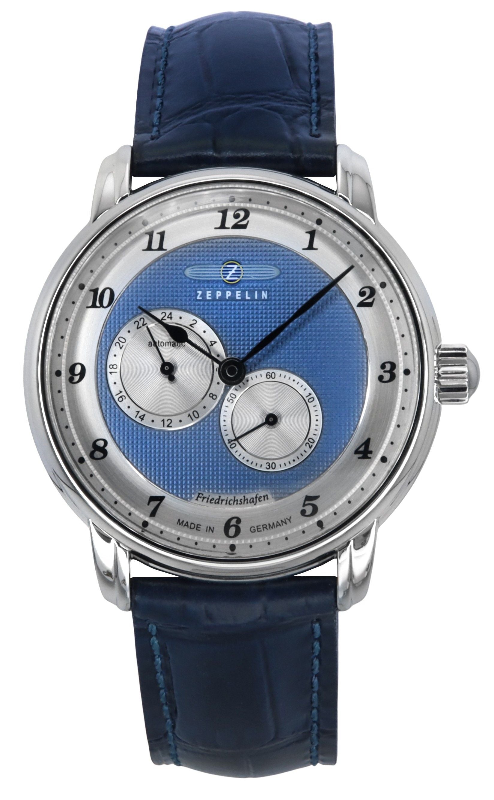 Zeppelin Friedrichshafen Leather Strap Blue Dial Automatic. A brand-new Zeppelin Friedrichshafen watch featuring a Blue dial and a Leather strap. Front view.