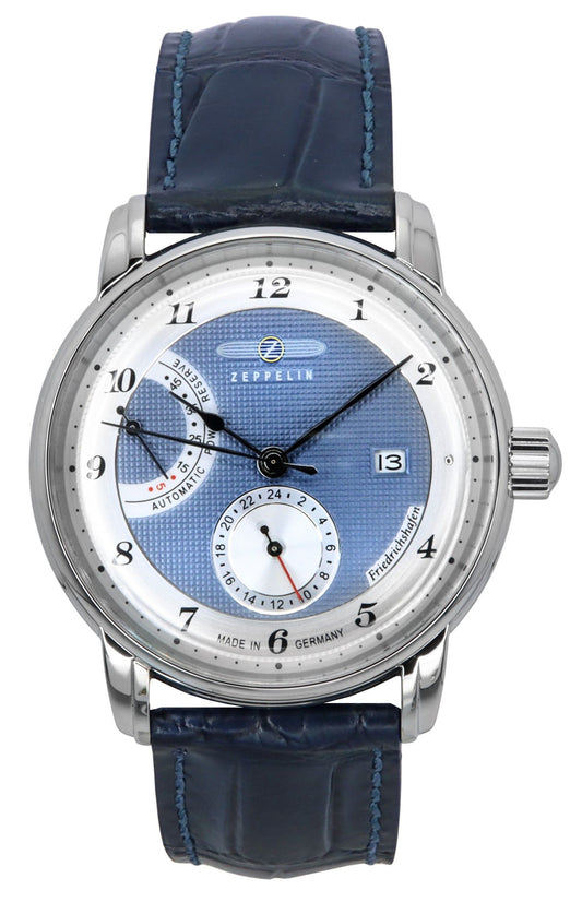 Zeppelin Friedrichshafen Leather Strap Blue Dial Automatic. A brand-new Zeppelin Friedrichshafen watch featuring a Blue dial and a Leather strap. Angled view.