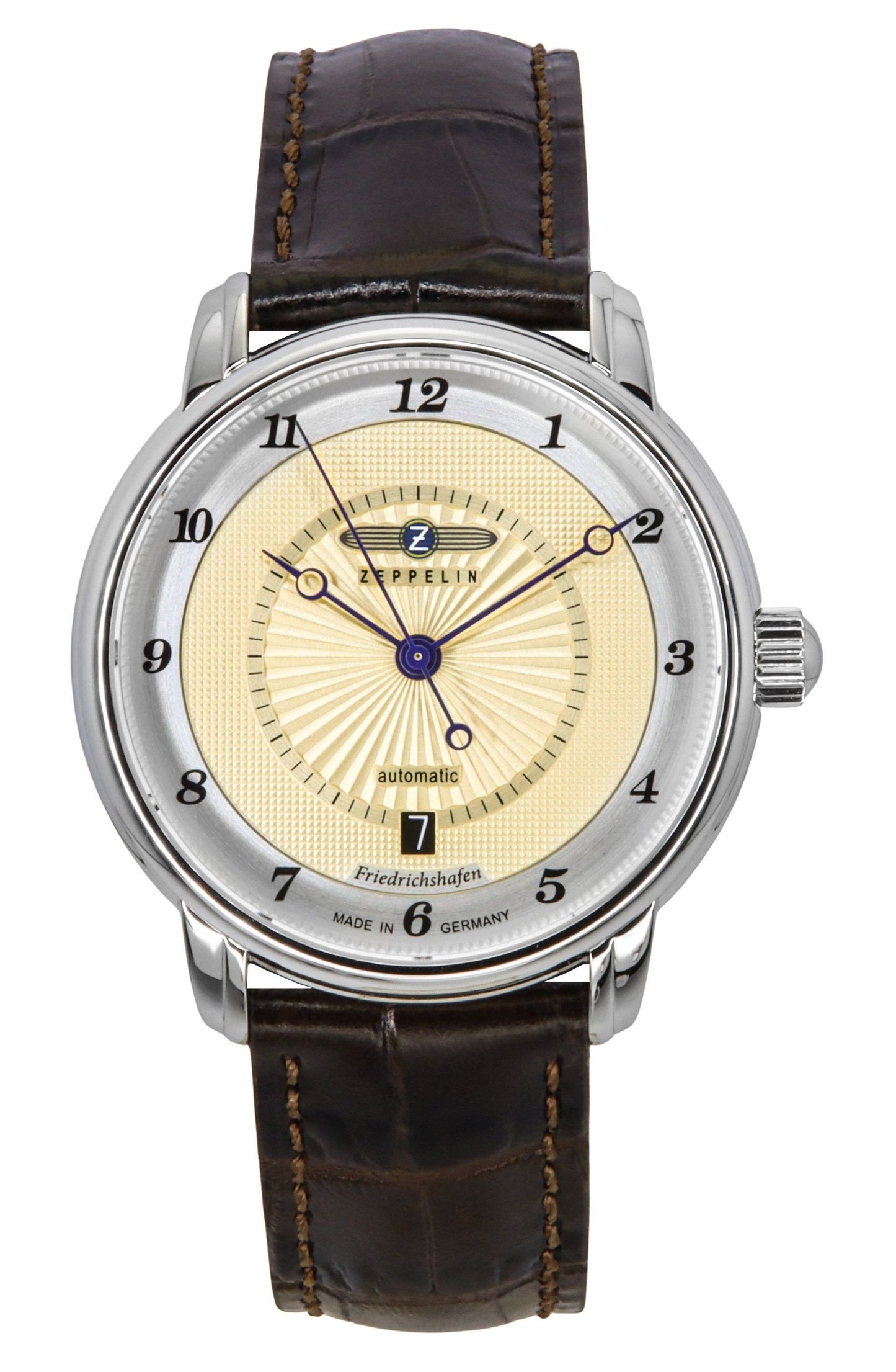 Zeppelin Friedrichshafen Leather Strap Gold Tone Dial. A brand-new Zeppelin Friedrichshafen watch featuring a Gold Tone dial and a Leather strap. Angled view.