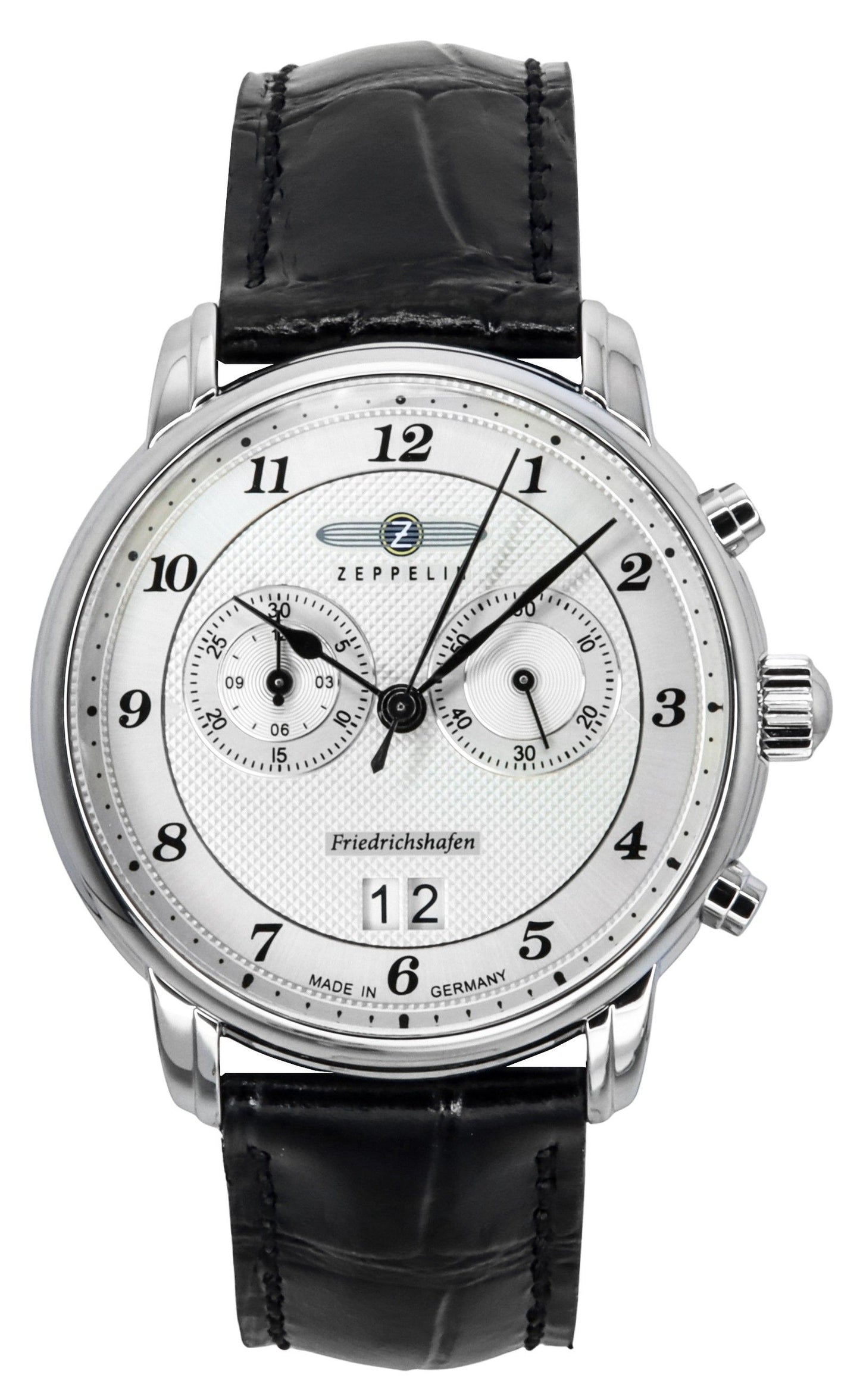 Zeppelin Friedrichshafen Leather Strap Silver Dial Quartz. A brand-new Zeppelin Friedrichshafen watch featuring a Silver dial and a Leather strap. Side view.