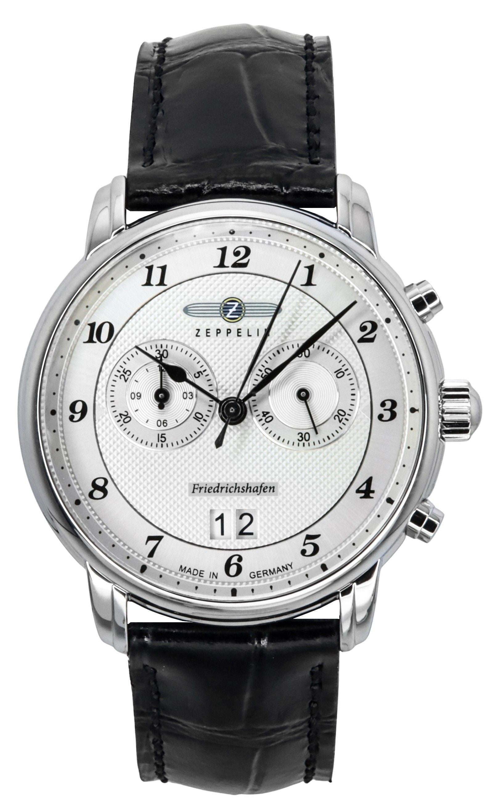 Zeppelin Friedrichshafen Leather Strap Silver Dial Quartz. A brand-new Zeppelin Friedrichshafen watch featuring a Silver dial and a Leather strap. Side view.