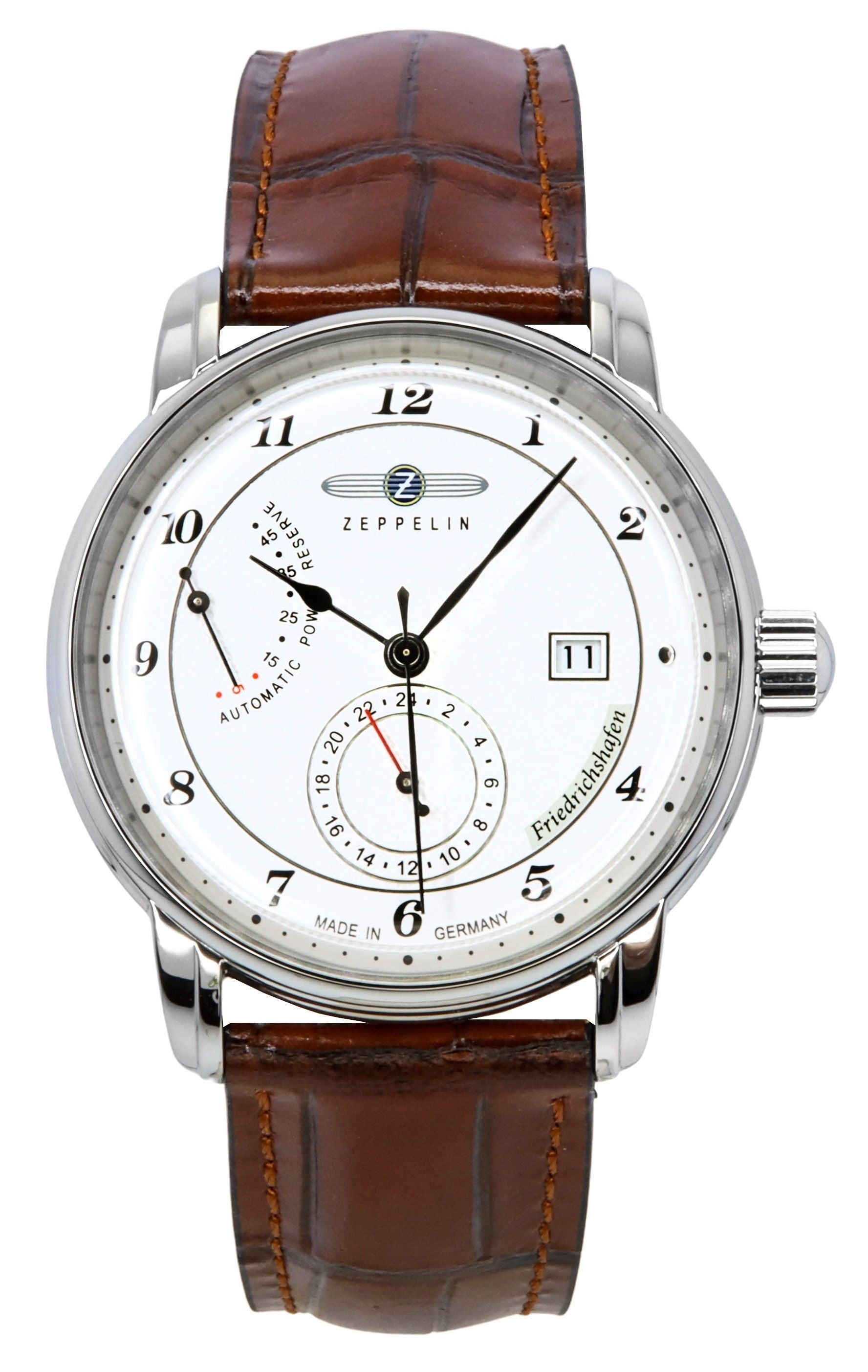 Zeppelin Friedrichshafen Leather Strap White Dial Automatic. A brand-new Zeppelin Friedrichshafen watch featuring a White dial and a Leather strap. Front view.