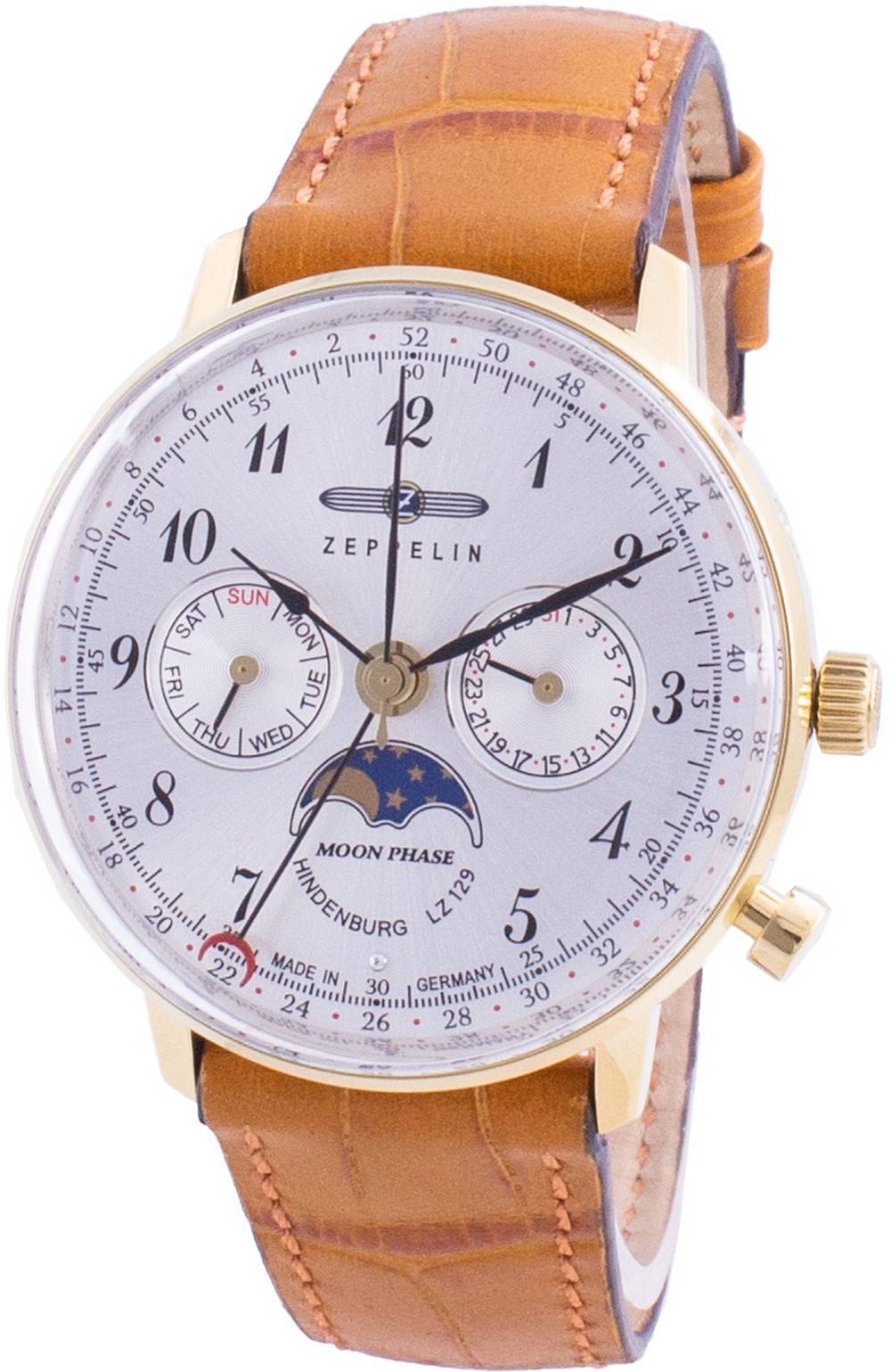 Zeppelin Hindenburg LZ129 7039-1 70391 Quartz Moon Phase Wo. A brand-new Zeppelin Hindenburg watch featuring a Leather strap. Front view.