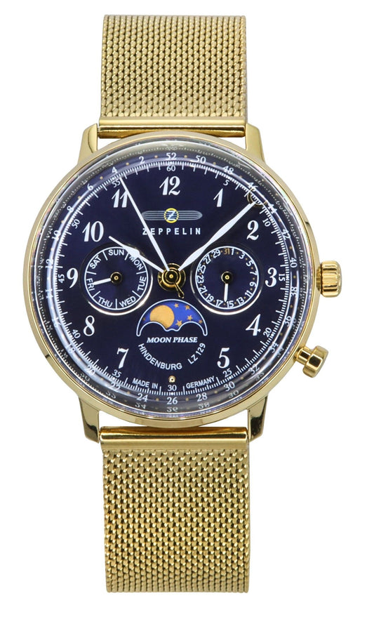 Zeppelin LZ 129 Hindenburg Moon Phase Gold Tone Stainless. A brand-new Zeppelin Hindenburg watch featuring a Blue dial and a Stainless steel strap. Front view.