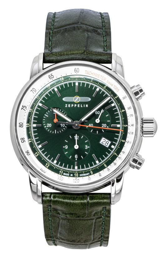 Zeppelin LZ 14 Marine Chronograph Leather Strap Green Dial. A brand-new Zeppelin LZ 14 Marine watch featuring a Green dial and a Leather strap. Front view.