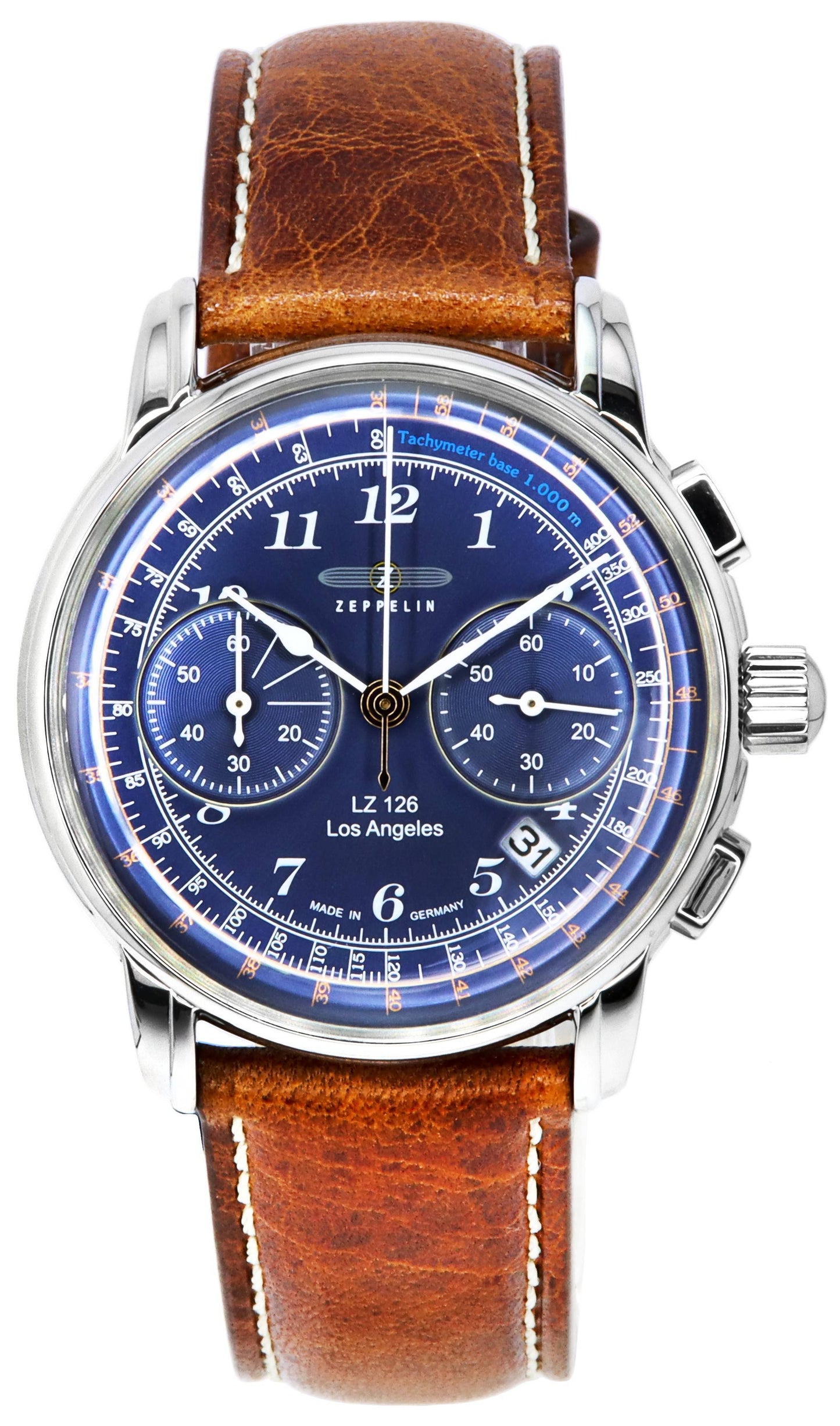 Zeppelin LZ126 Los Angeles Chronograph Blue Dial Quartz. A brand-new Zeppelin LZ126 Los Angeles watch featuring a Blue dial and a Leather strap. Side view.