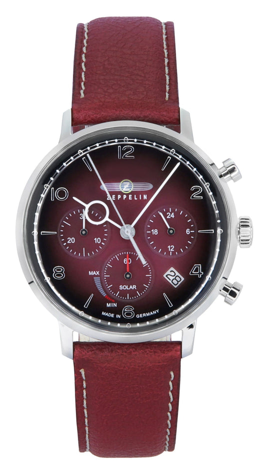 Zeppelin LZ129 Hindenburg Chronograph Vegan Leather Strap. A brand-new Zeppelin Hindenburg watch featuring a Red dial and a Faux leather strap. Side view.