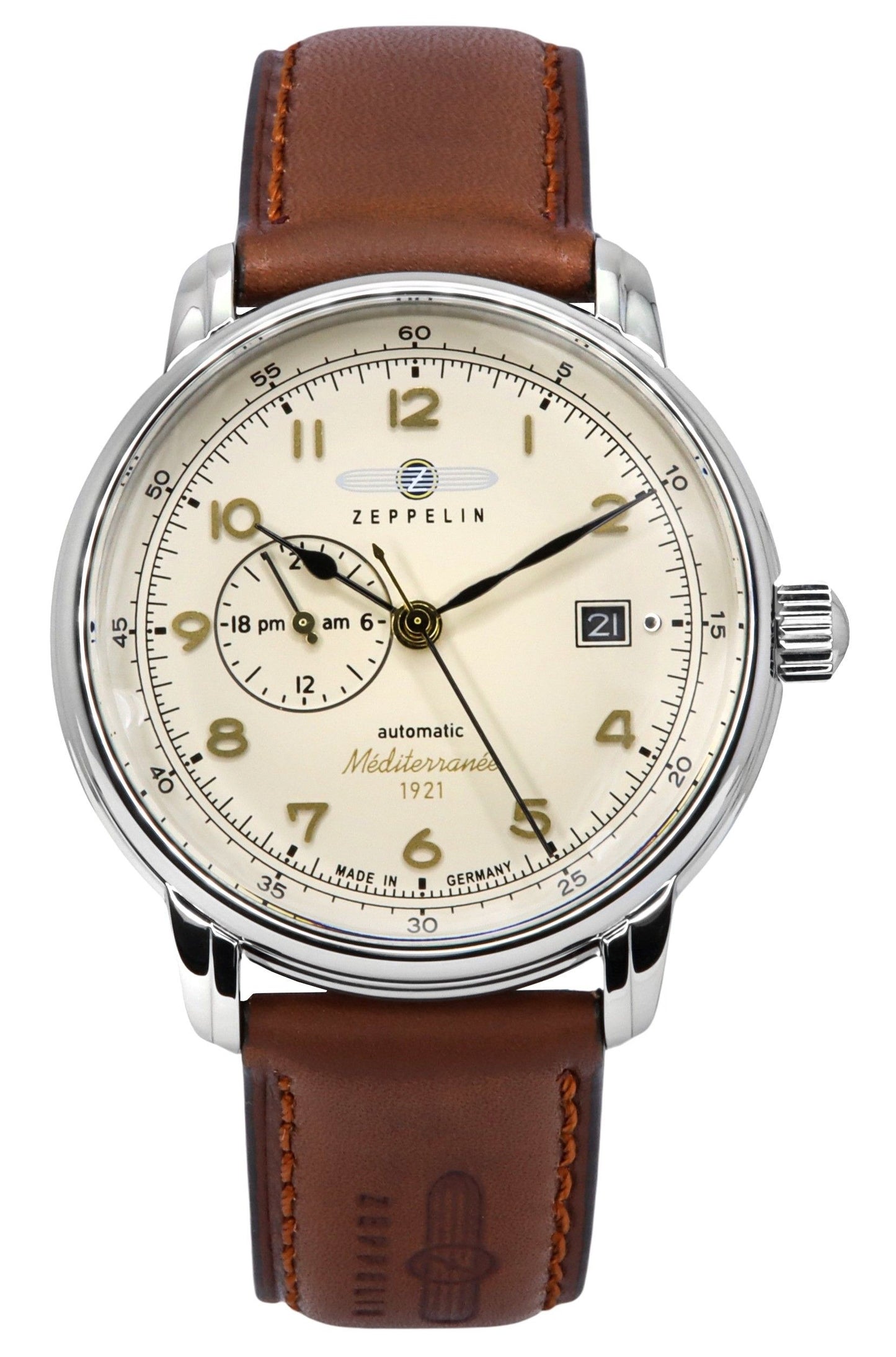 Zeppelin Mediterranean Leather Strap Beige Dial Automatic. A brand-new Zeppelin Mediterranean watch featuring a Beige dial and a Leather strap. Angled view.